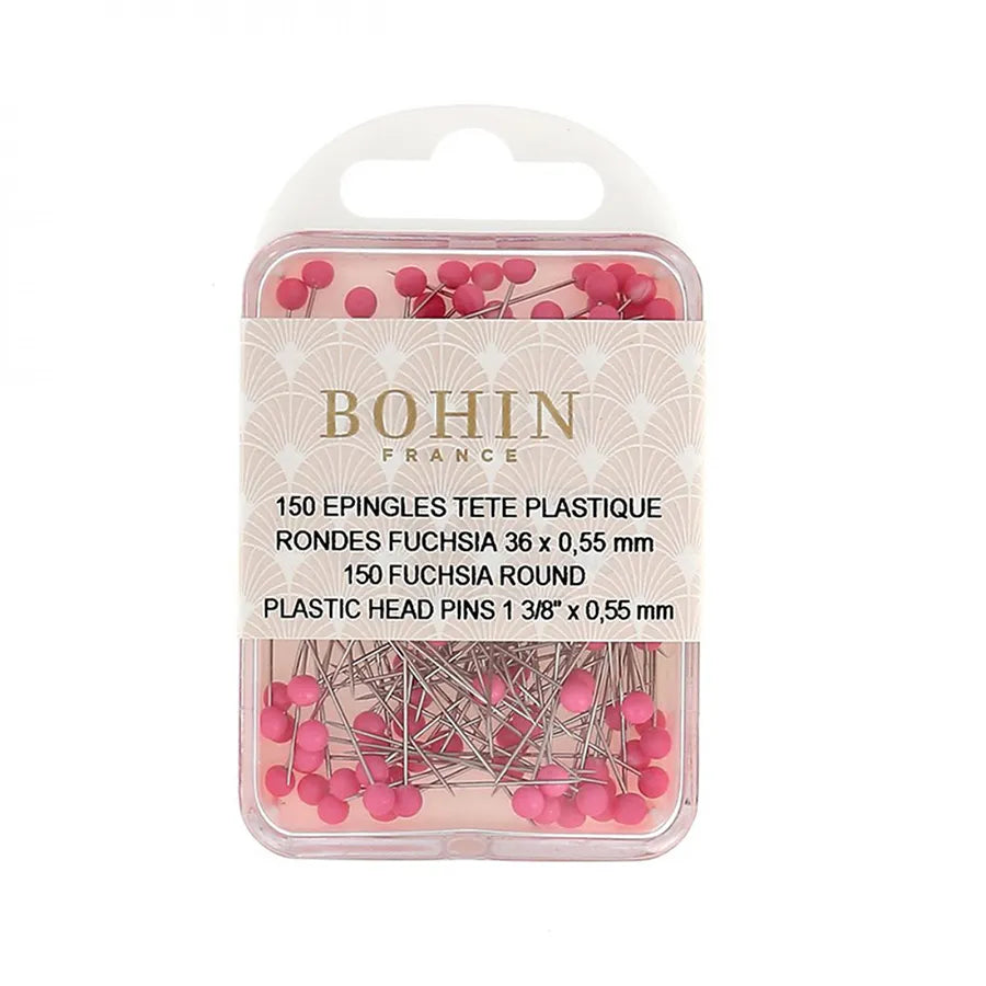 BOHIN 150 Fuchsia Round Plastic Head Sewing Pins