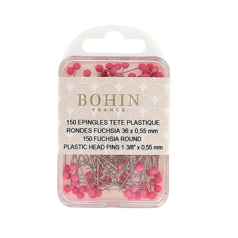 BOHIN 150 Fuchsia Round Plastic Head Sewing Pins
